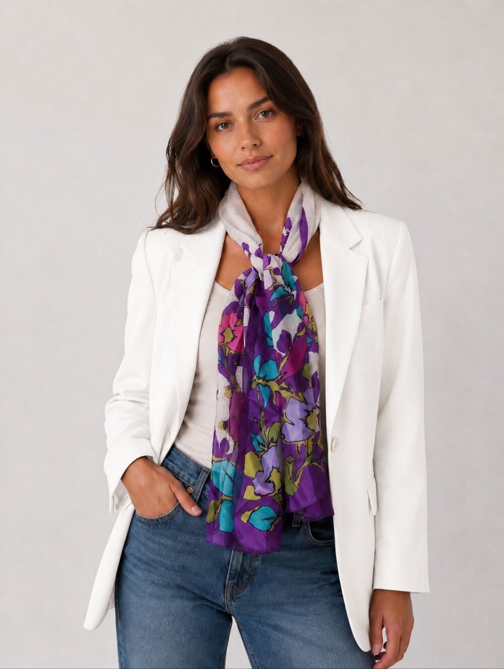 Jones New York Purple Floral 100% Silk Scarf with Teal & White Accents